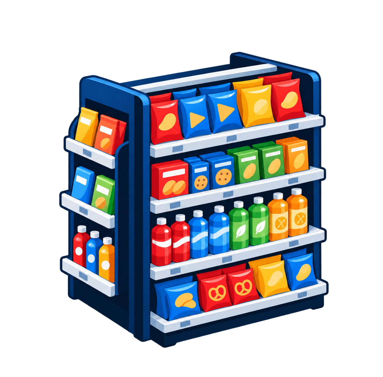 Illustration of stocked center-store shelves and refreshments