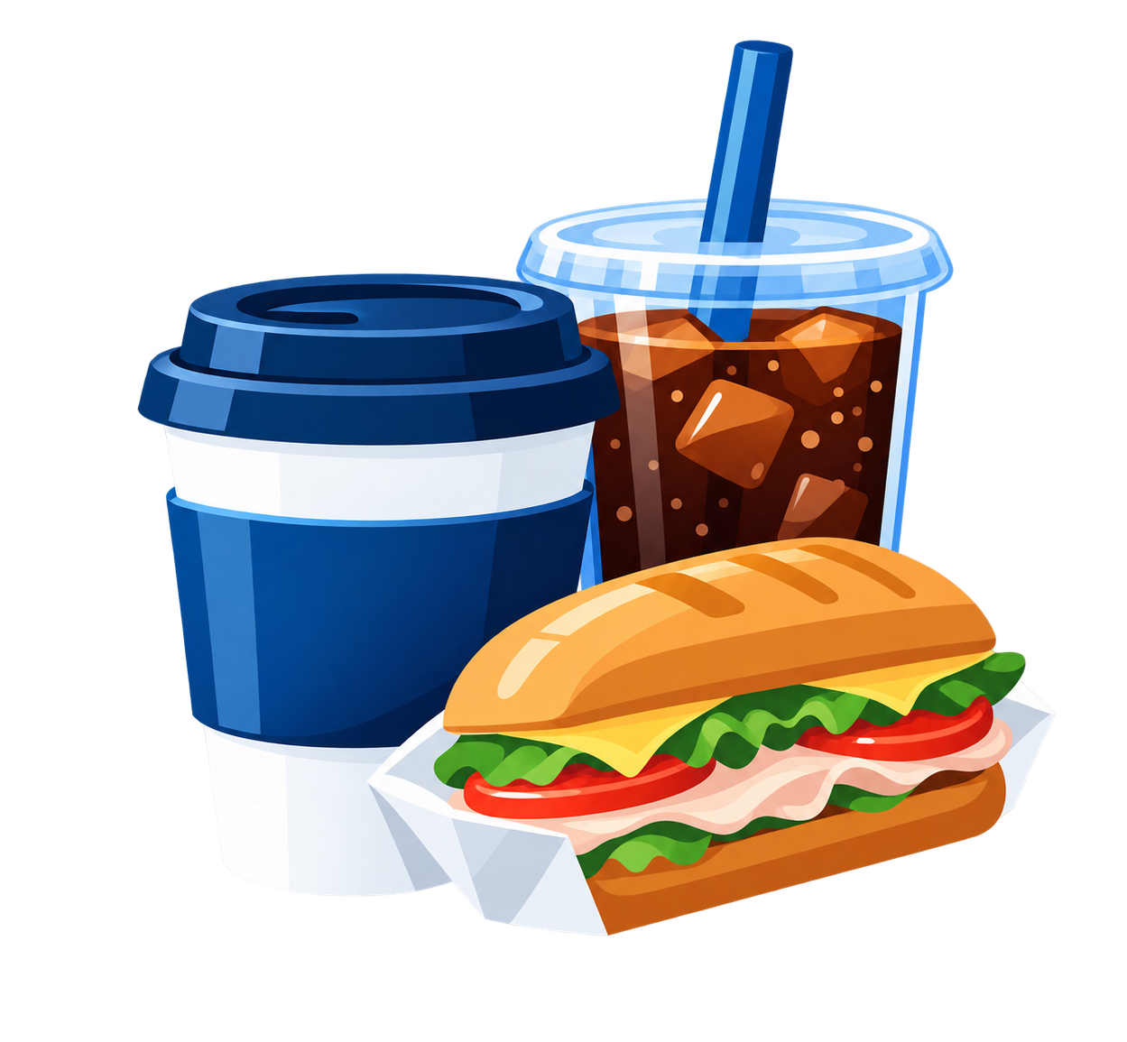 Illustration of a prepared sandwich, coffee, and cold beverage