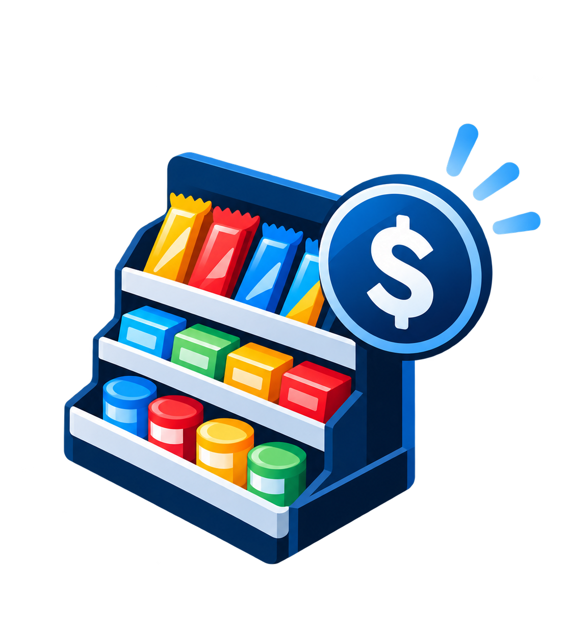 Illustration of an impulse-merchandise display and sales emblem